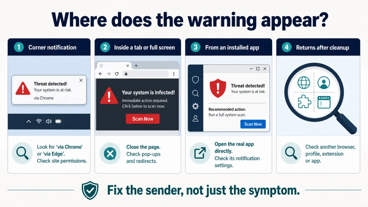 Decision map for identifying a fake antivirus warning as a corner notification, browser page, installed-app alert or persistent unknown source