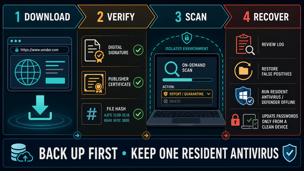 Safe portable malware scanner workflow covers official download, signature verification, controlled scan and recovery checks