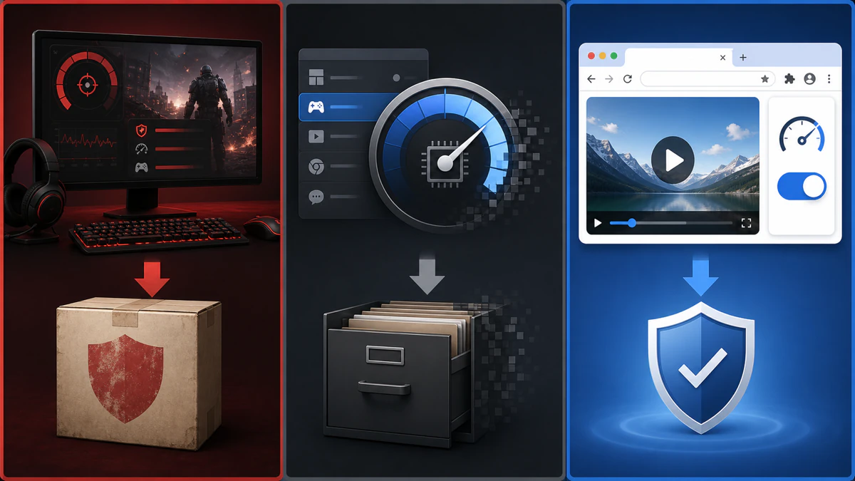 McAfee product status map places Gamer Security and App Boost in the legacy column while Web Boost remains an active Chrome extension