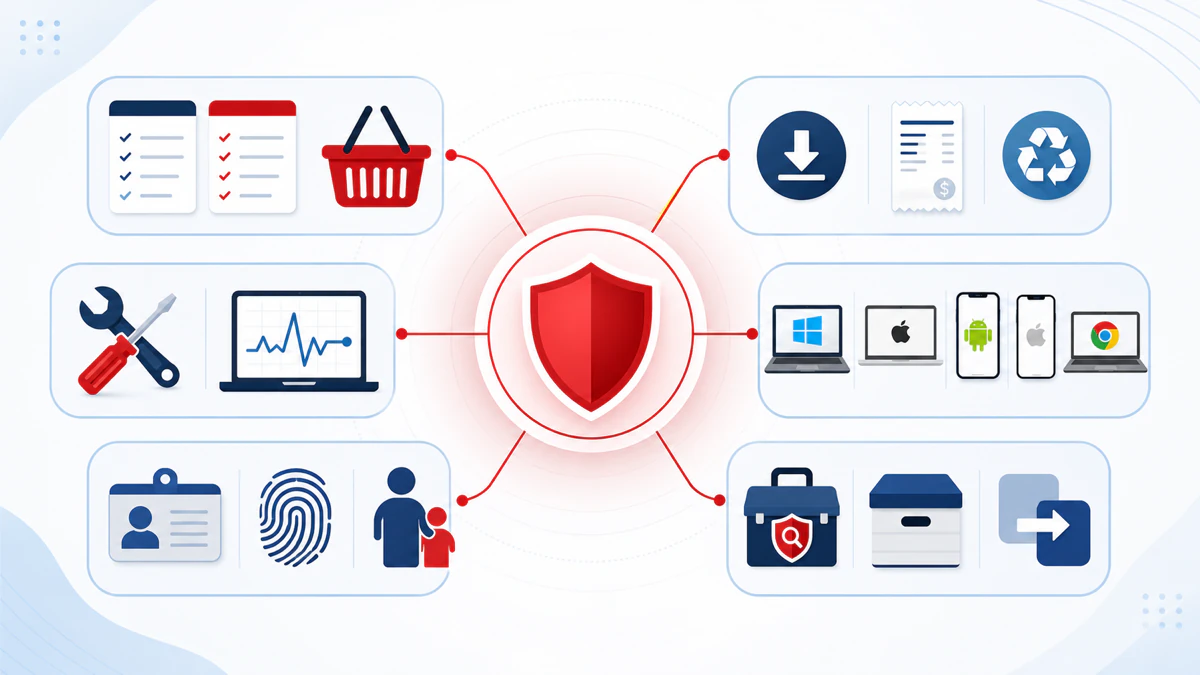 Six McAfee guide routes for choosing installation troubleshooting platforms privacy identity family and legacy tools