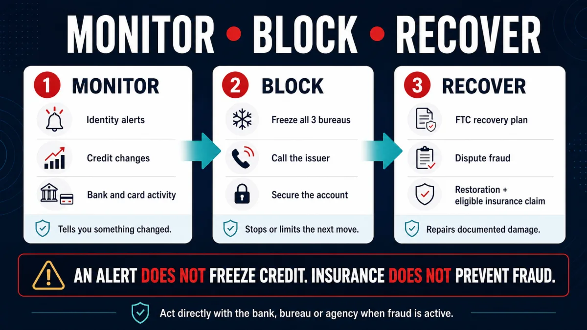 Identity protection map separating monitoring alerts, fraud-blocking actions and documented recovery