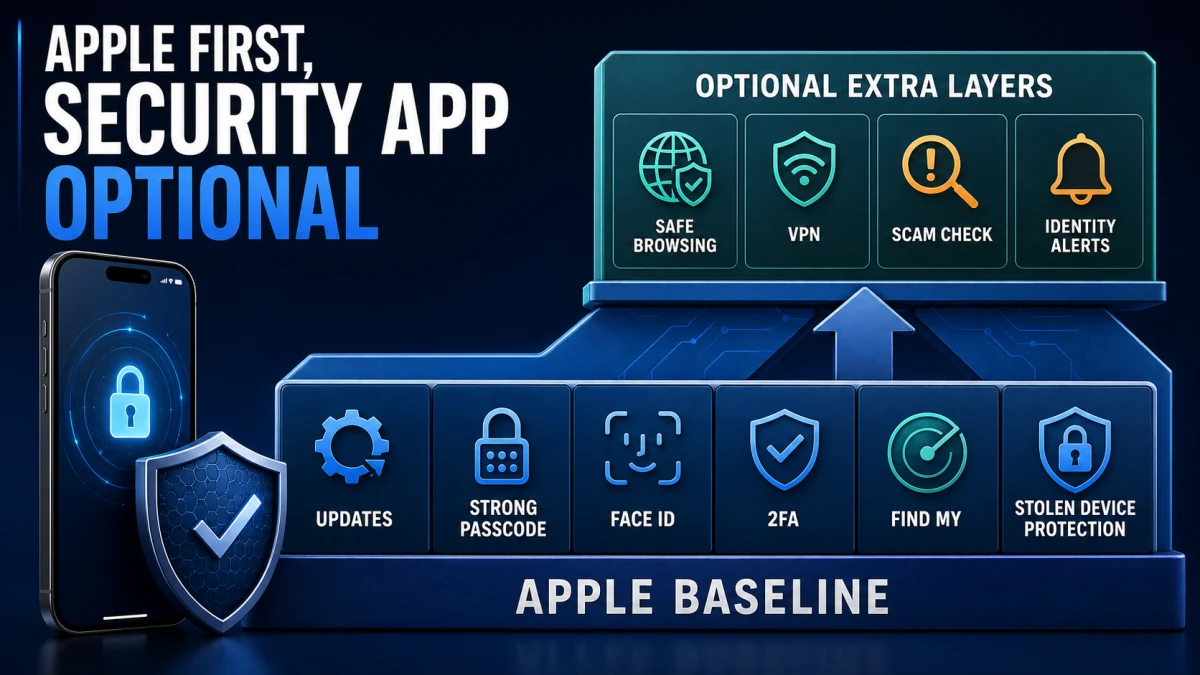 Apple security baseline of updates, passcode, Face ID, 2FA, Find My and Stolen Device Protection supports optional web, VPN, scam and identity layers