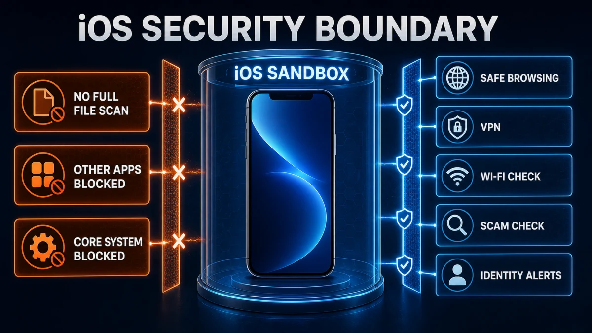 iOS sandbox blocks full file, other-app and core-system scans while allowing web, VPN, Wi-Fi, scam and identity protection