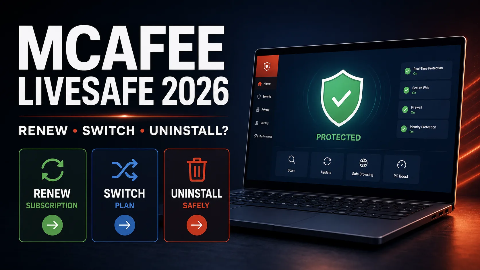 McAfee LiveSafe 2026 decision between renewing, switching plans and uninstalling safely