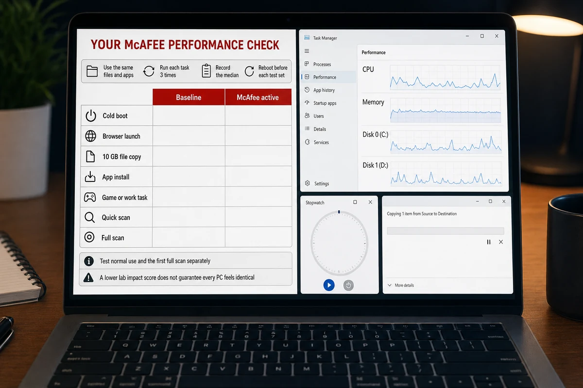 McAfee local performance test sheet comparing repeatable baseline tasks with the antivirus active