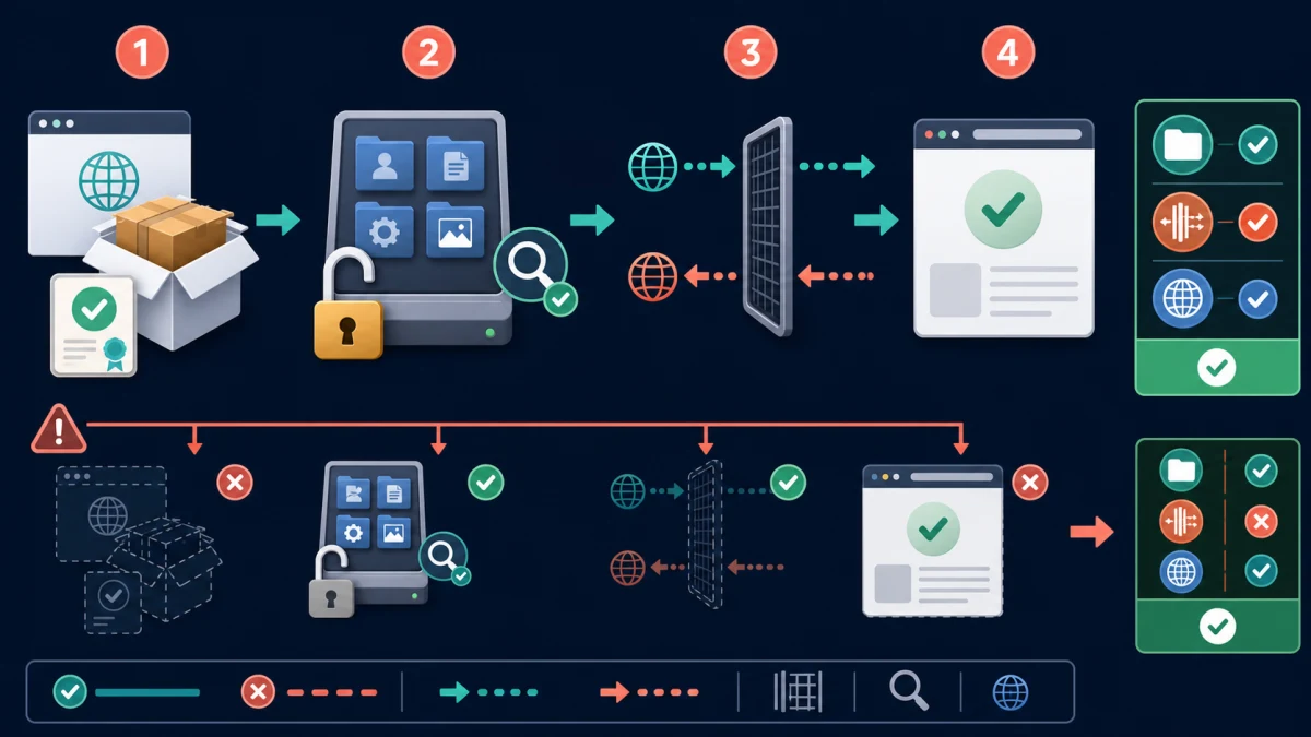 Four-stage McAfee Mac setup showing verified installer, Full Disk Access, network filtering and browser protection checks