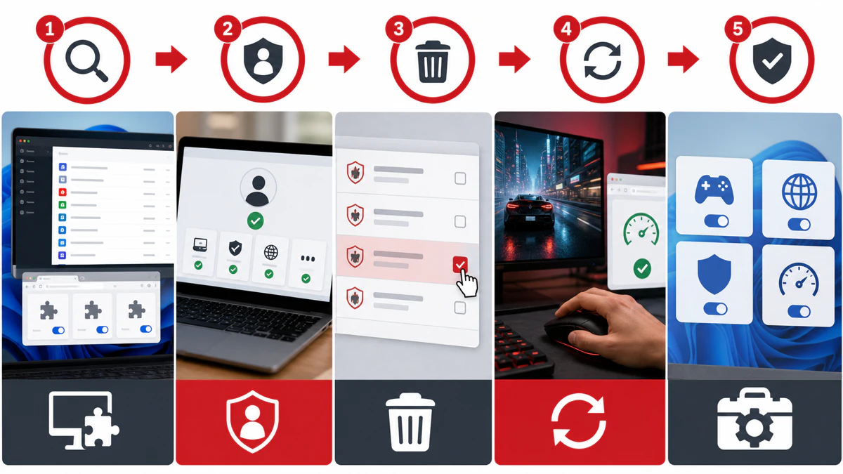 Safe McAfee legacy feature removal audits installed programs, verifies the account, removes one component, reboots and confirms replacement protection