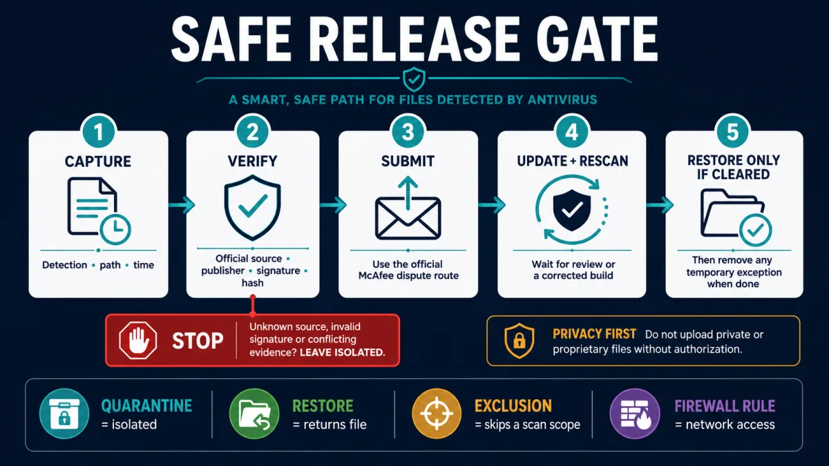 Safe release gate for verifying and submitting a McAfee quarantined file before restore
