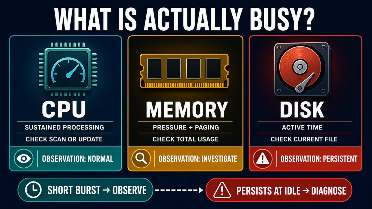 Decision graphic separating McAfee CPU processing, memory pressure and disk active time before troubleshooting