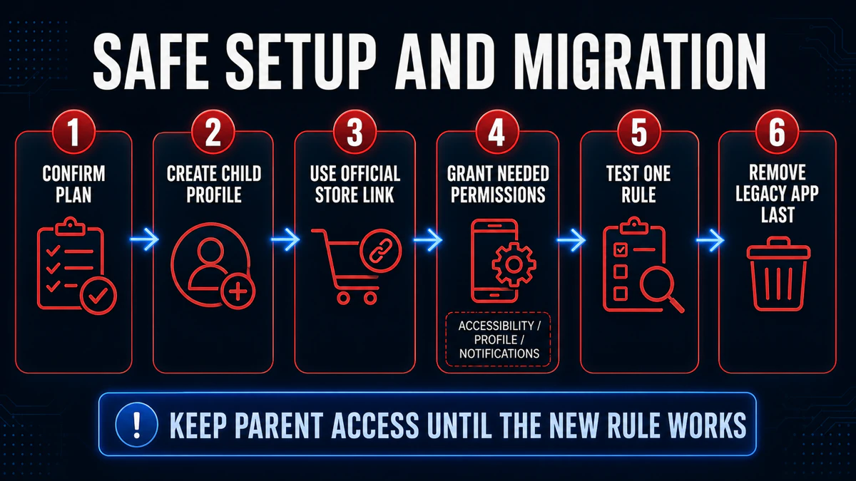 Safe McAfee parental controls setup confirms the plan, creates a child profile, installs Companion, tests a rule and removes the legacy app last