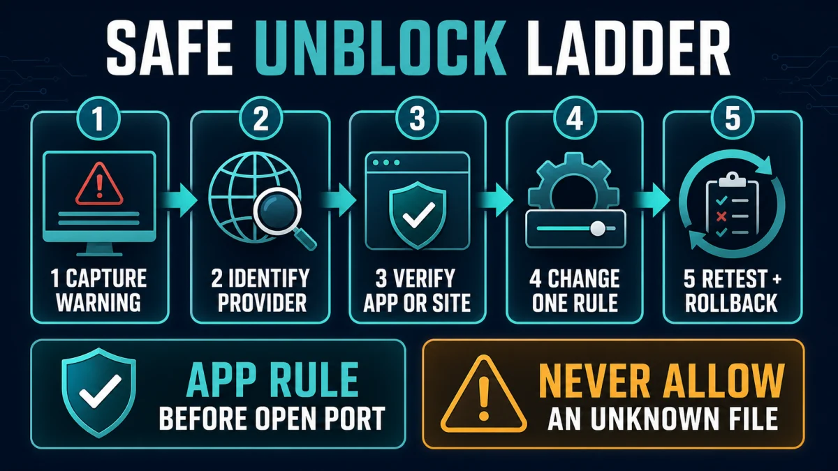 Five-step safe unblock ladder from capturing the warning to retesting and rolling back a rule