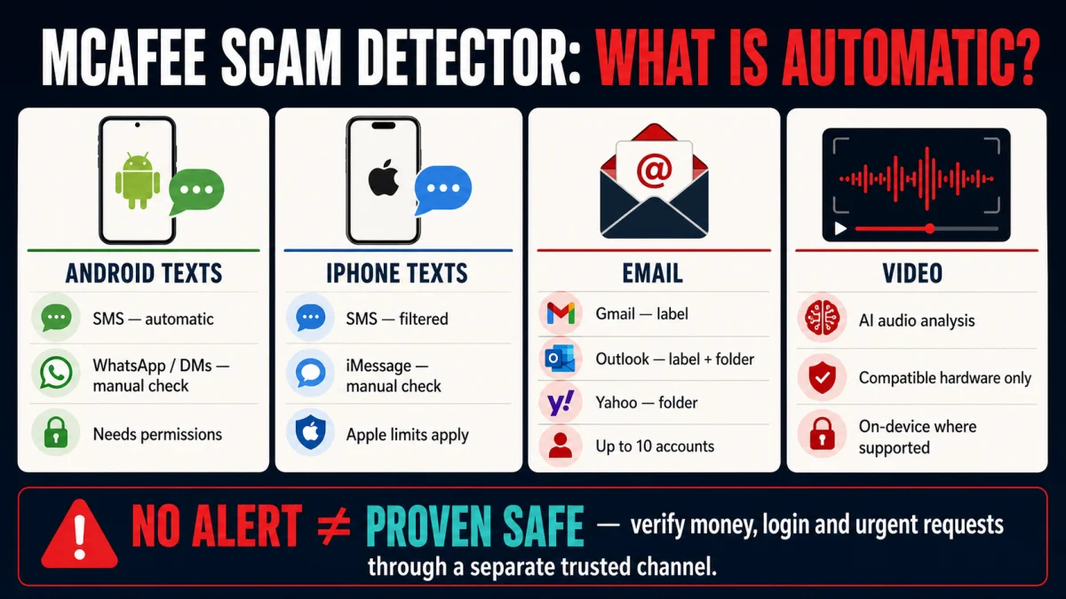 McAfee Scam Detector matrix for automatic and manual checks across Android, iPhone, email and video