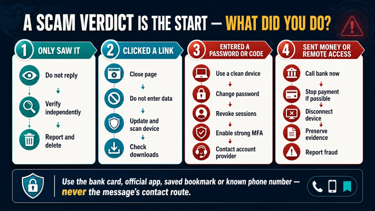 Scam response ladder for viewing, clicking, entering credentials, sending money or granting remote access