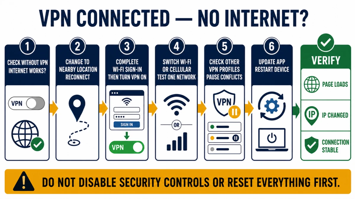 Diagnostic ladder for McAfee VPN connected with no internet, from base-network test through IP and stability verification