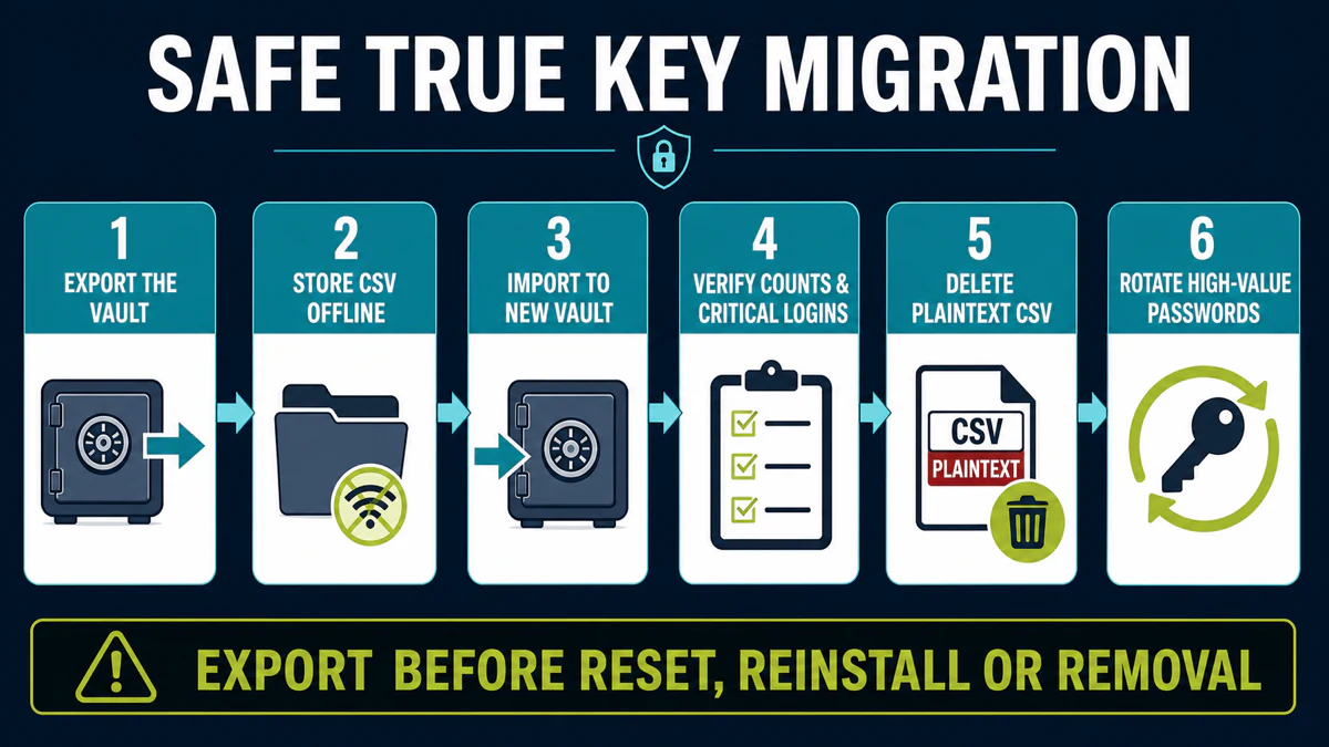Safe True Key migration exports the vault, protects the CSV, verifies the new vault, deletes plaintext and rotates critical passwords