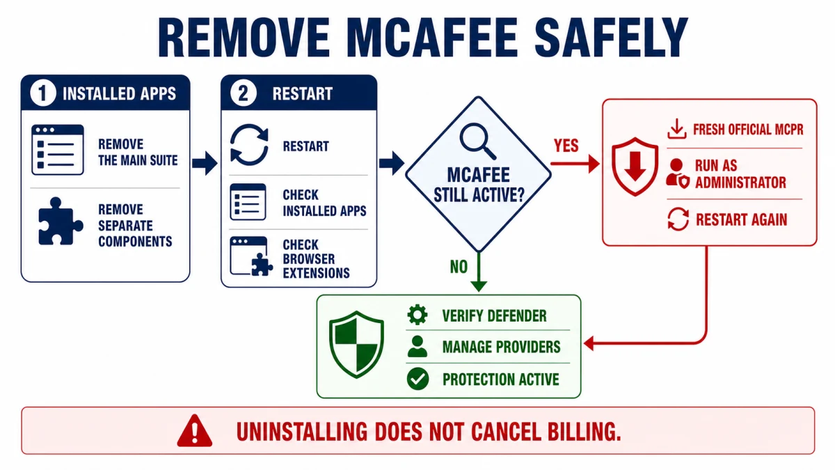 McAfee removal route using Installed Apps first and official MCPR only when the antivirus remains active