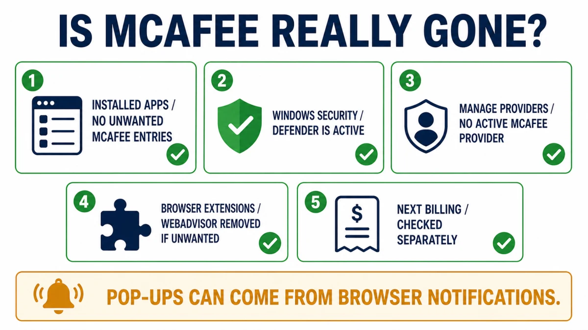Checklist confirming McAfee apps and provider are gone, Defender is active, extensions are removed and billing was checked separately