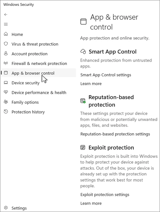 Windows Security App and browser control page with Smart App Control reputation-based protection and exploit protection sections