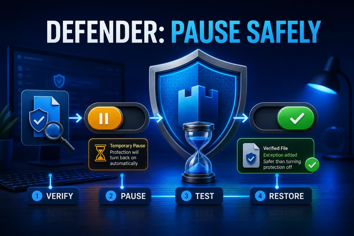 Temporary Microsoft Defender pause workflow from file verification through testing and restored protection