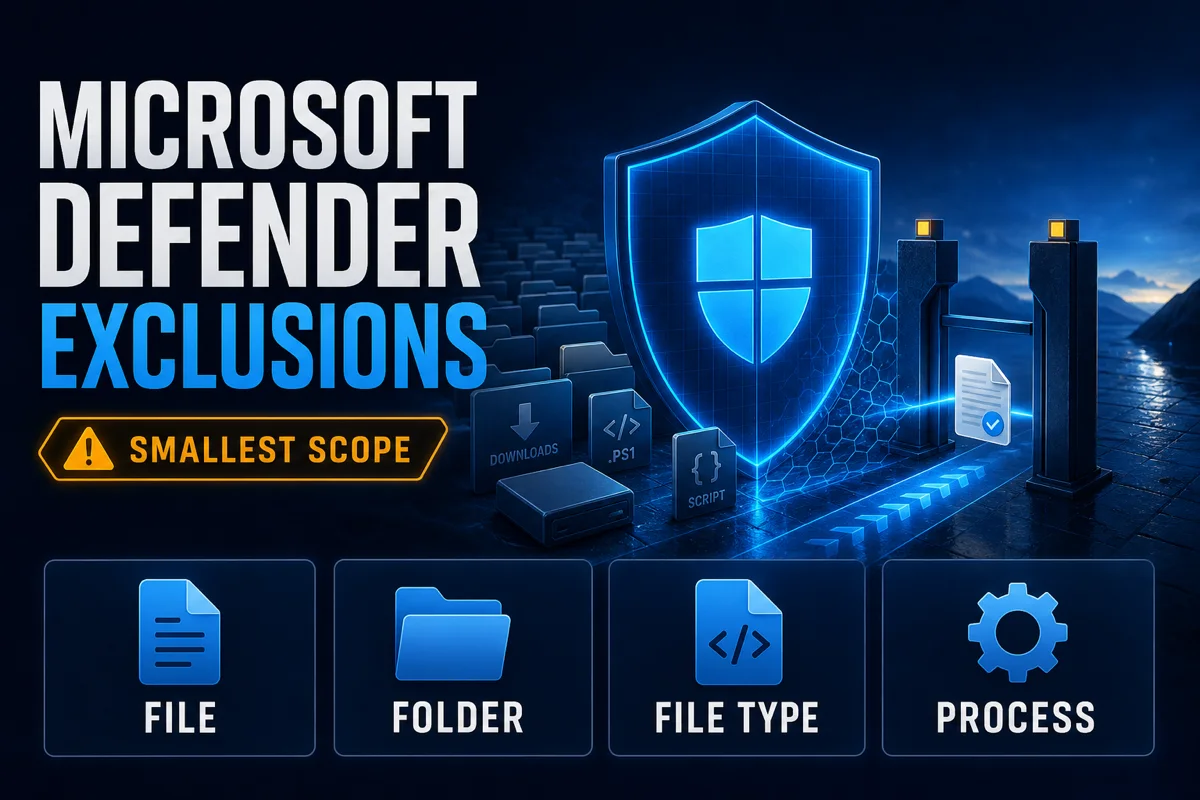 Microsoft Defender exclusions shown as one trusted file passing through a narrow security gate