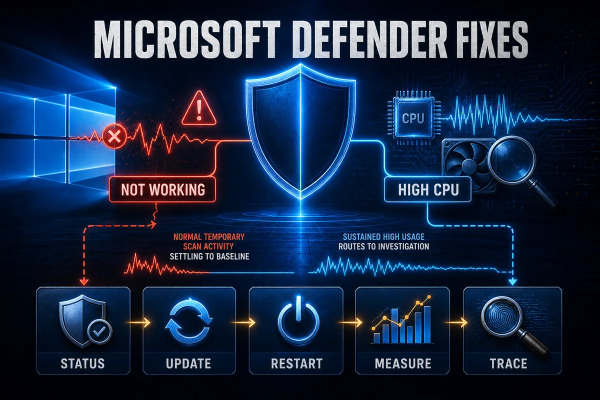 Microsoft Defender troubleshooting routes for protection failure and sustained high CPU