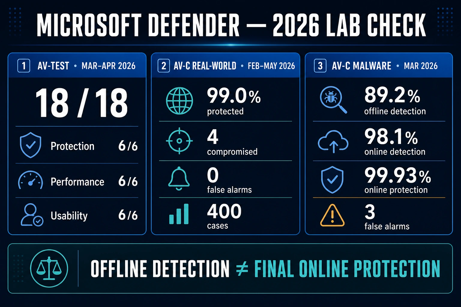 Microsoft Defender 2026 lab results showing AV-TEST 18 out of 18 and separate AV-Comparatives real-world, offline and online protection figures