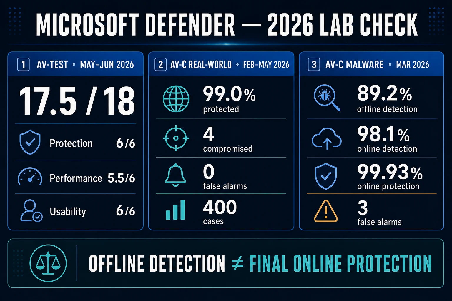 Microsoft Defender May to June 2026 lab results with AV-TEST 17.5 out of 18 and separate AV-Comparatives protection figures