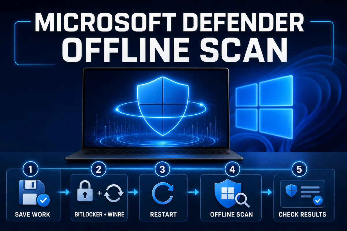 Microsoft Defender Offline scan workflow from saving work to checking results