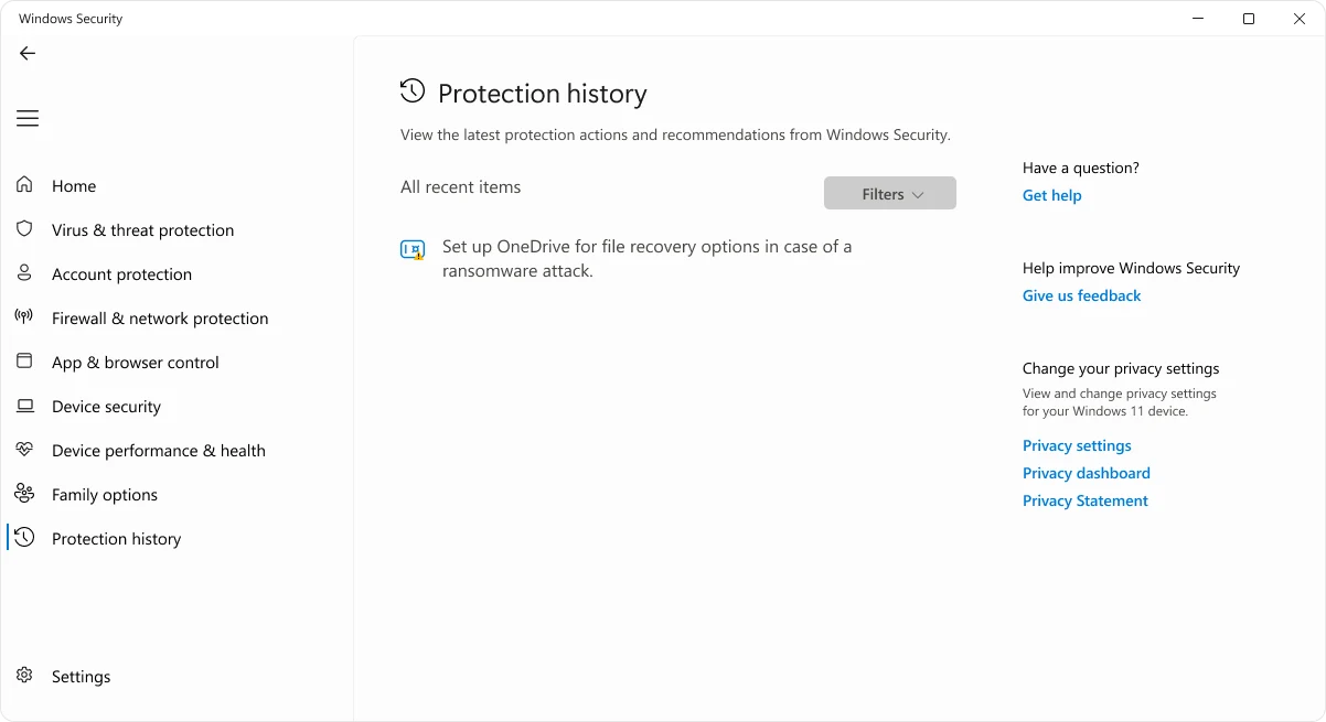 Microsoft Windows Security Protection history page with expandable security event cards