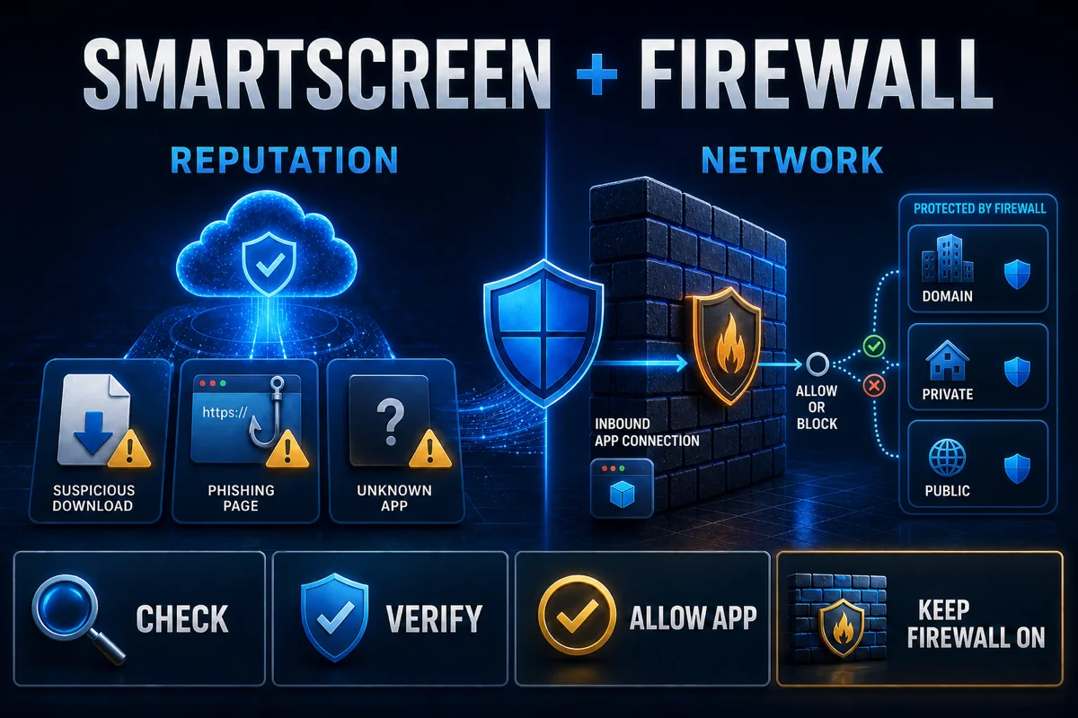 SmartScreen reputation checks and Windows Firewall app rules across Domain Private and Public profiles