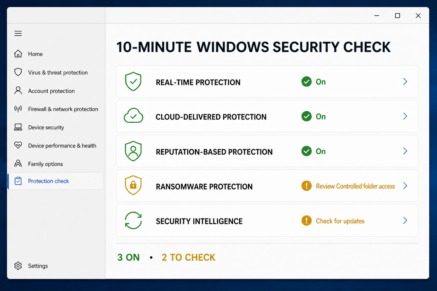Microsoft Defender ten-minute Windows Security checklist for real-time, cloud, reputation, ransomware and security intelligence settings