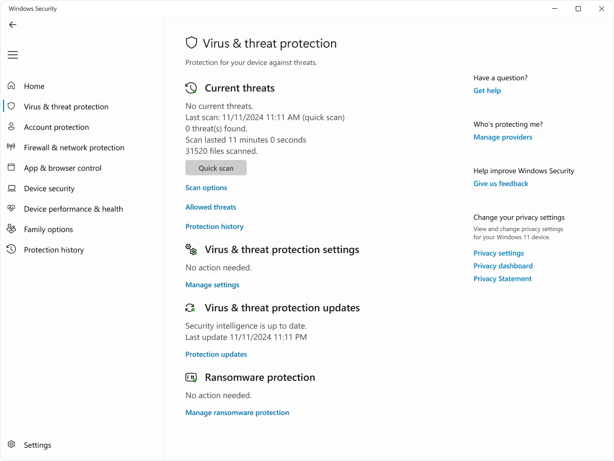 Windows Security Virus and threat protection page with Manage settings and Scan options links