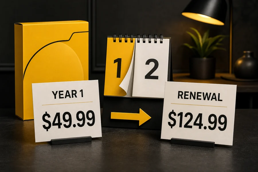 Norton 360 first-year and renewal prices compared on a household security dashboard