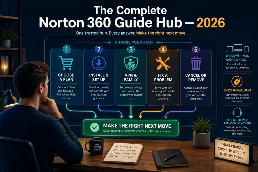 Norton 360 guide hub paths for choosing installing features troubleshooting cancellation and removal