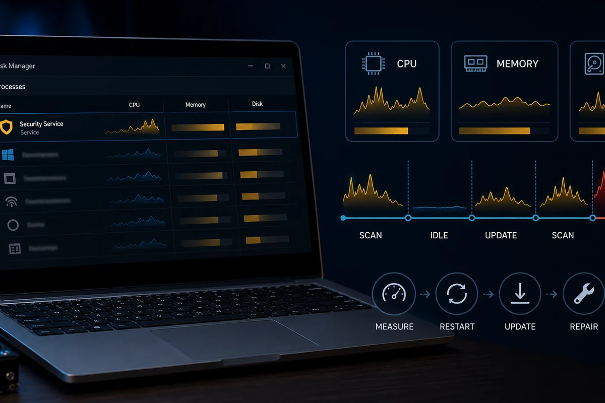 Norton high CPU memory and disk troubleshooting timeline separating scans updates idle and stuck load