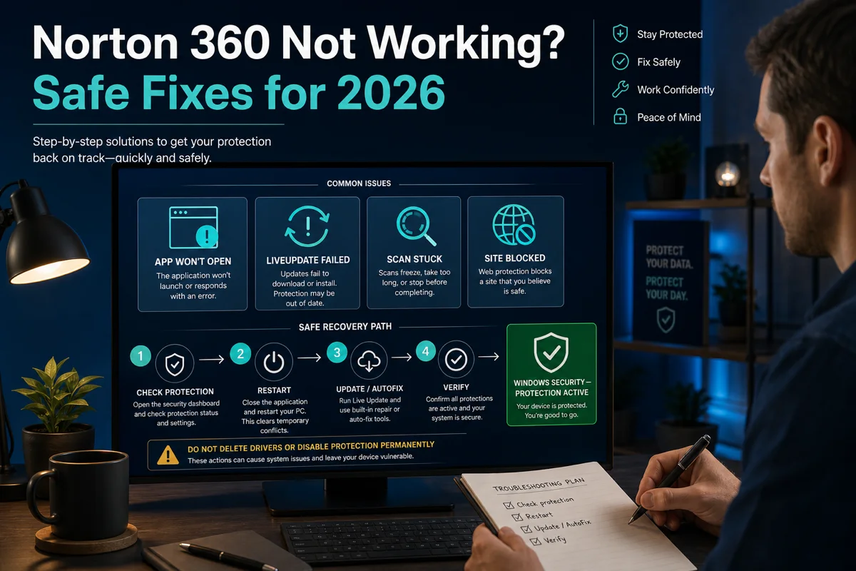 Norton 360 troubleshooting map for app LiveUpdate scan and blocked website problems