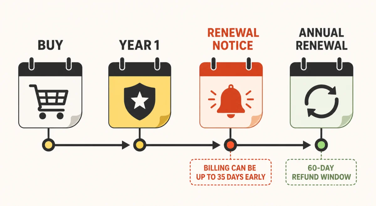 Norton annual subscription timeline with renewal notice early billing and 60-day refund window