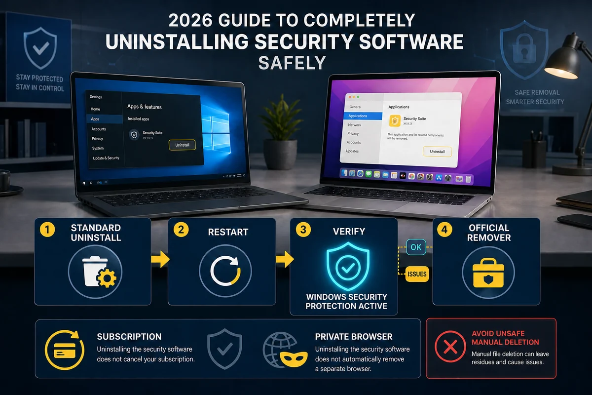 Safe Norton uninstall workflow with restart Windows Security verification and official remover fallback