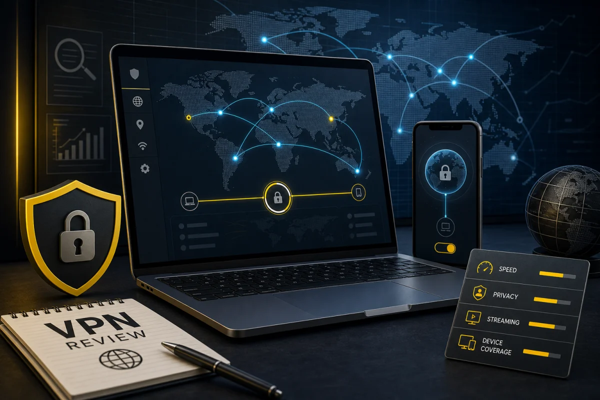 Norton VPN review workspace comparing privacy speed streaming and device coverage