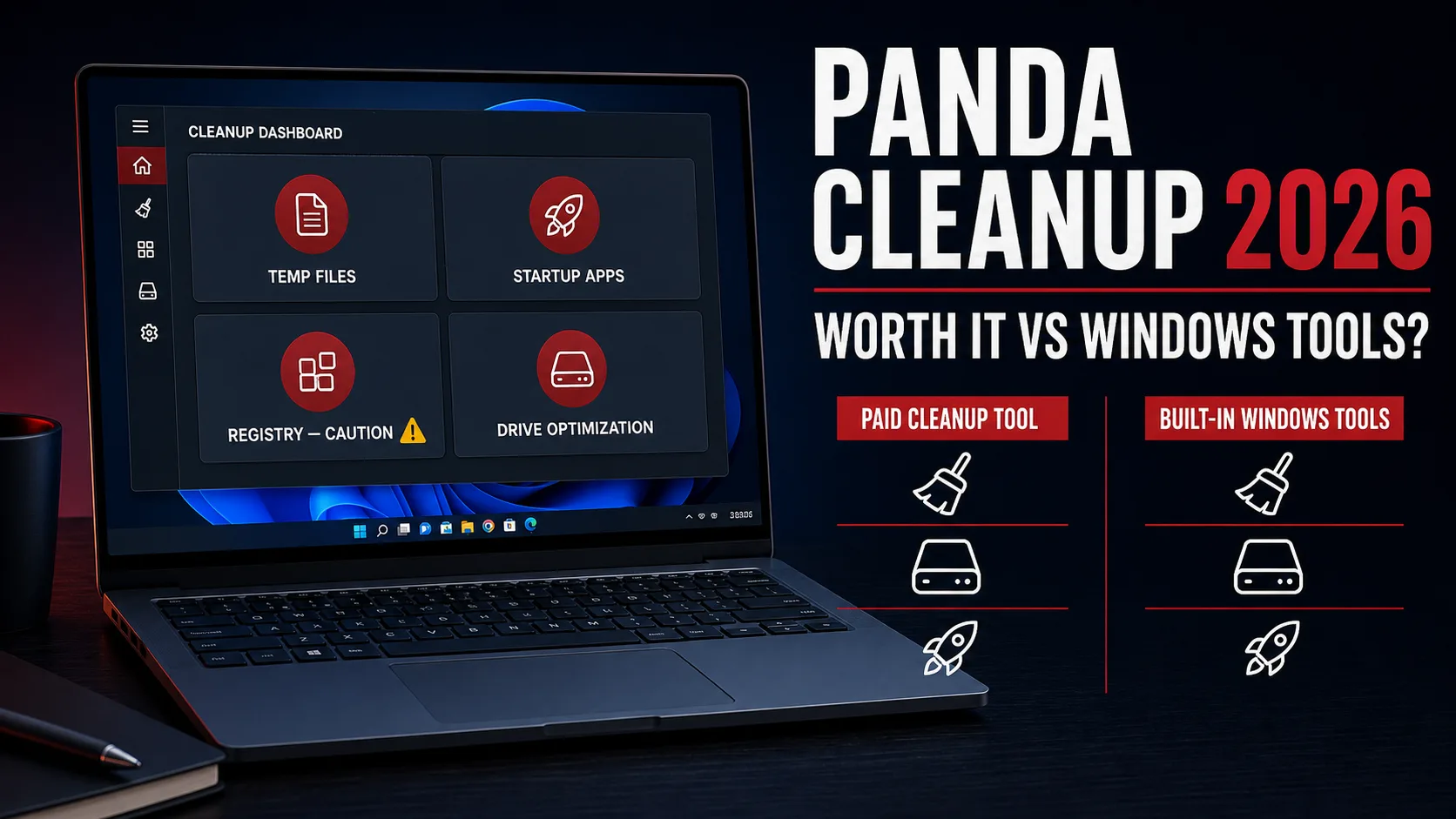Panda Cleanup 2026 comparison with built-in Windows storage, startup and drive tools