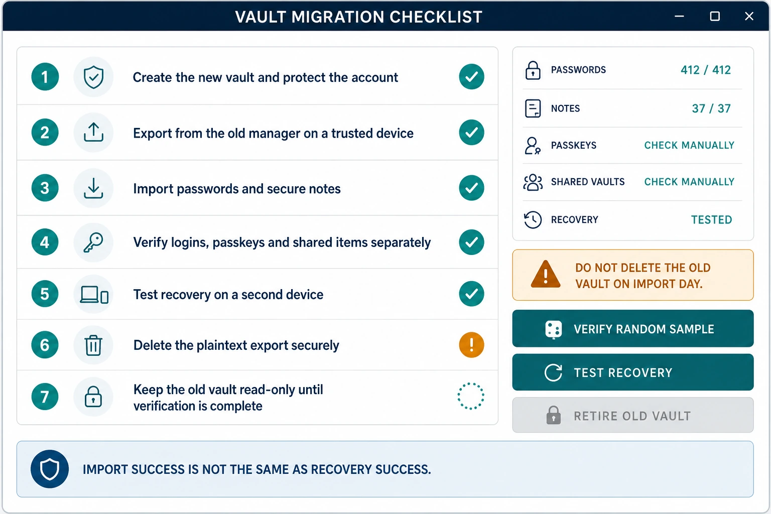 Password manager migration checklist for exporting on a trusted device, importing data, testing recovery and keeping the old vault read-only