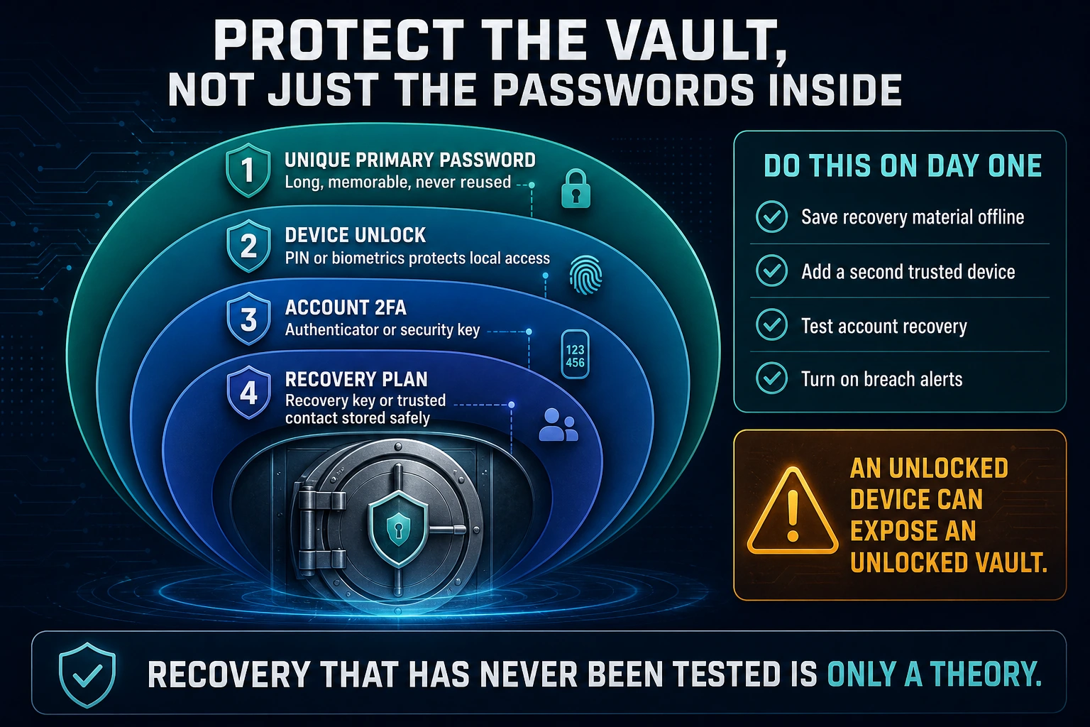 Password vault defense stack with a unique primary password, device unlock, account two-factor authentication and a tested recovery plan