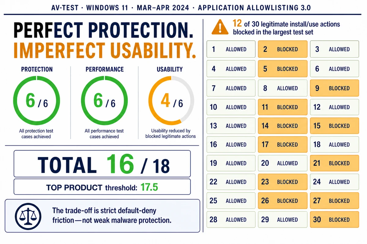 PC Matic AV-TEST scores of 6 for protection, 6 for performance and 4 for usability with 12 legitimate actions blocked