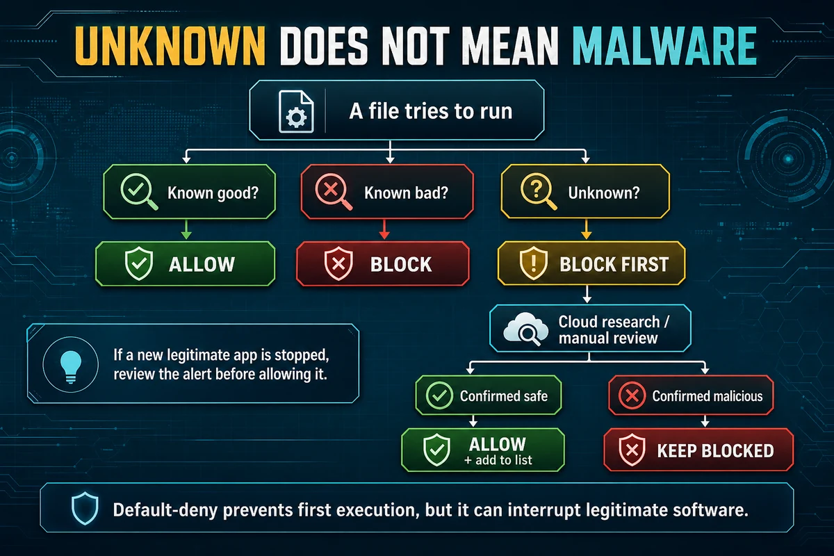 PC Matic default-deny flow for known-good, known-bad and unknown applications