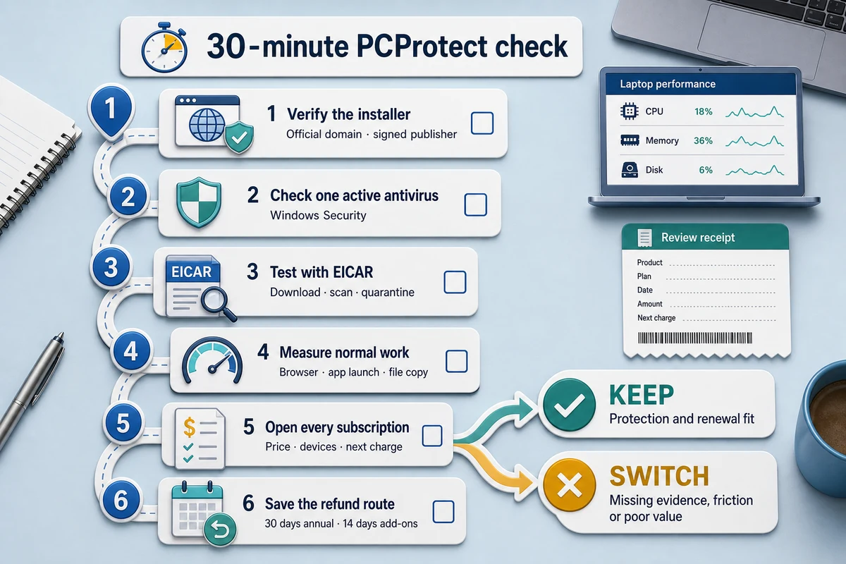 Six-step PCProtect evaluation covering the installer, active antivirus, EICAR, performance, subscriptions and refunds
