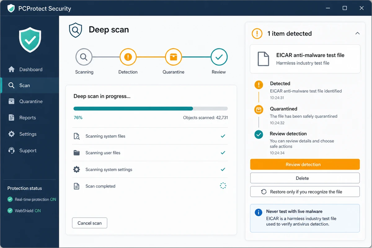 PCProtect deep scan moving the harmless EICAR anti-malware test file into quarantine