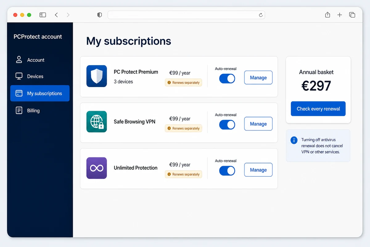 PCProtect account screen with separate €99 renewals for antivirus, VPN and unlimited device protection
