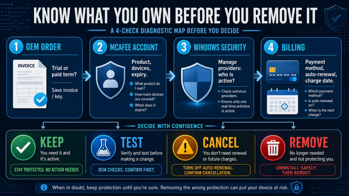 OEM order, McAfee account, Windows Security provider and billing checks lead to keep, test, cancel or remove