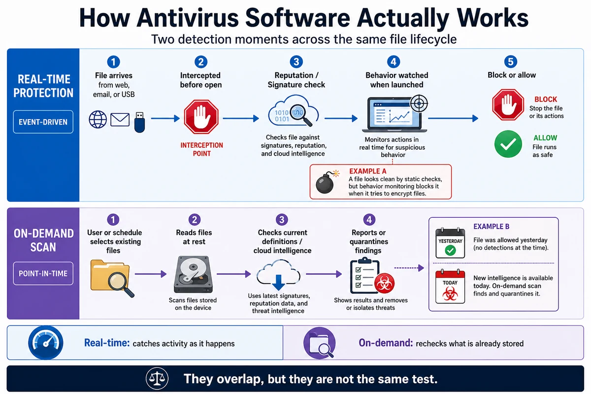 Real-time antivirus protection compared with an on-demand scan across a file lifecycle
