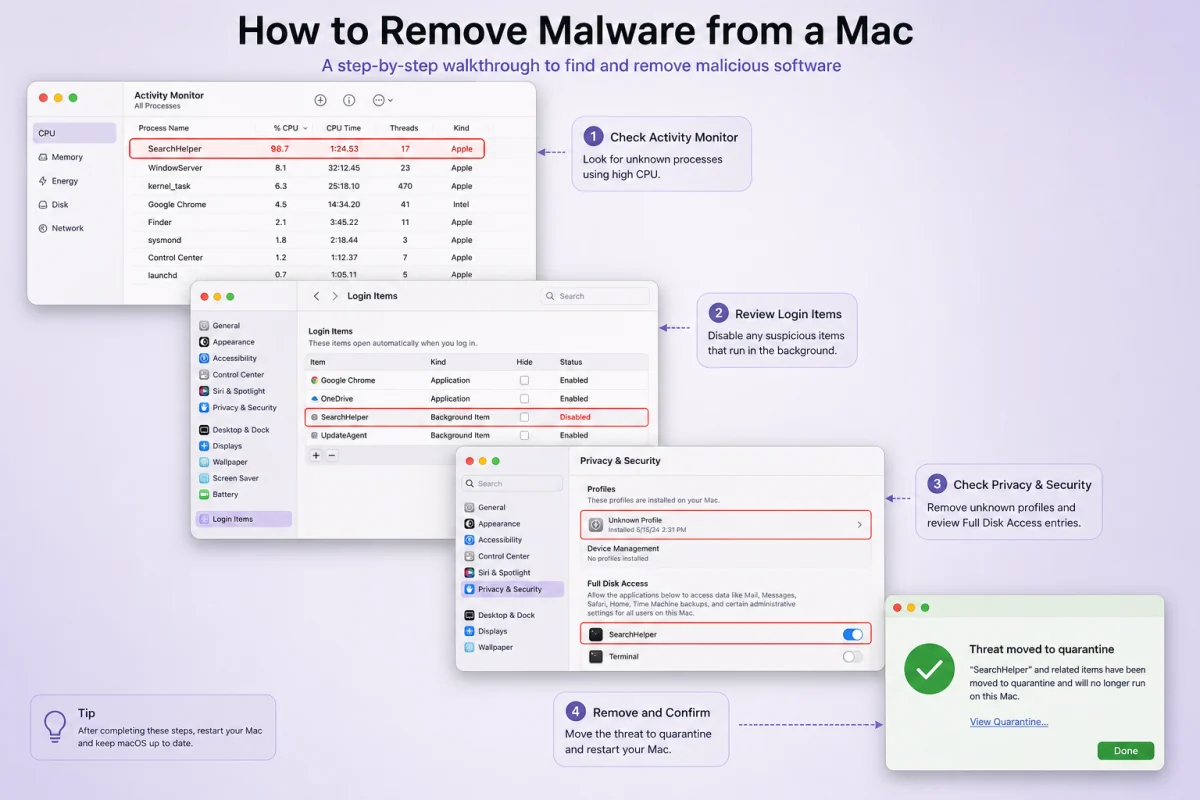 Mac malware-removal walkthrough across Activity Monitor, Login Items, Privacy and Security, and quarantine